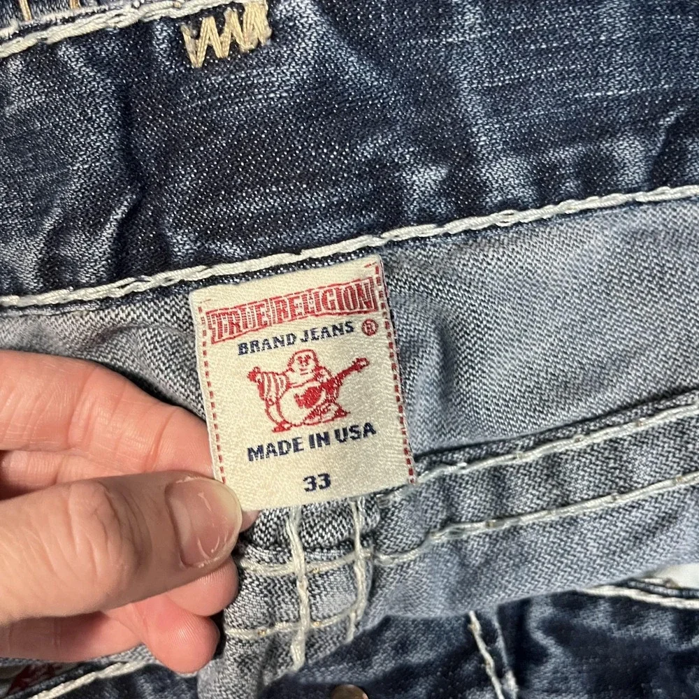 True Religion Jeans Mens 33x30 Blue Relaxed Straight Distressed Made In USA